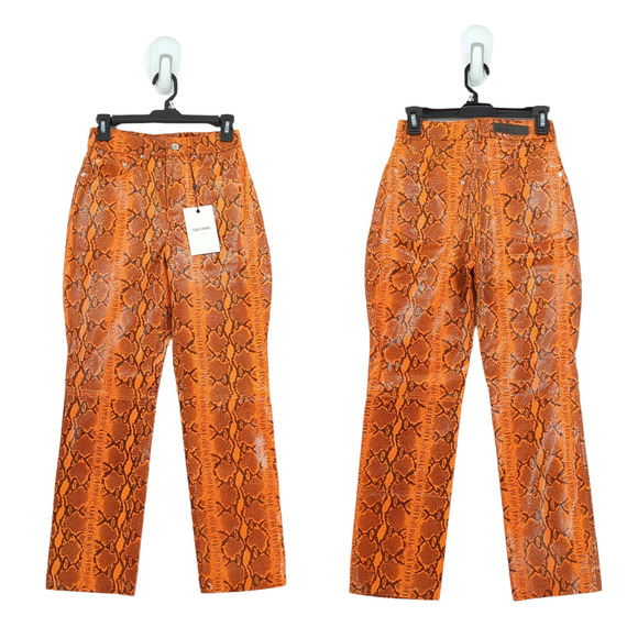 GRLFRND Women 25 Shiloh Leather Pants Orange Snake Printed Straight Leg $620 NEW